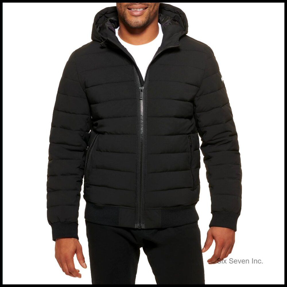 Quilted Performance Hooded Bomber Jacket Active Wind Resistant Stretch